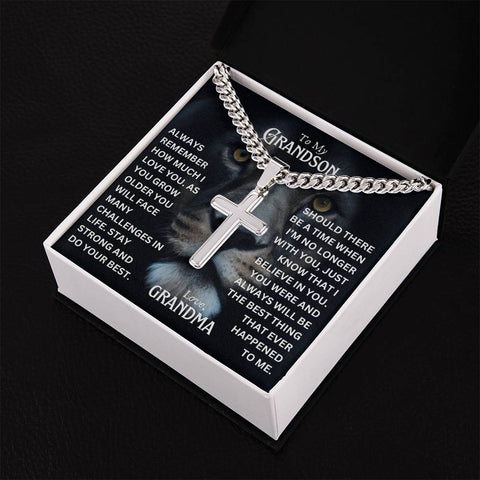 To My Grandson Personalized Cuban Chain Cross Necklace