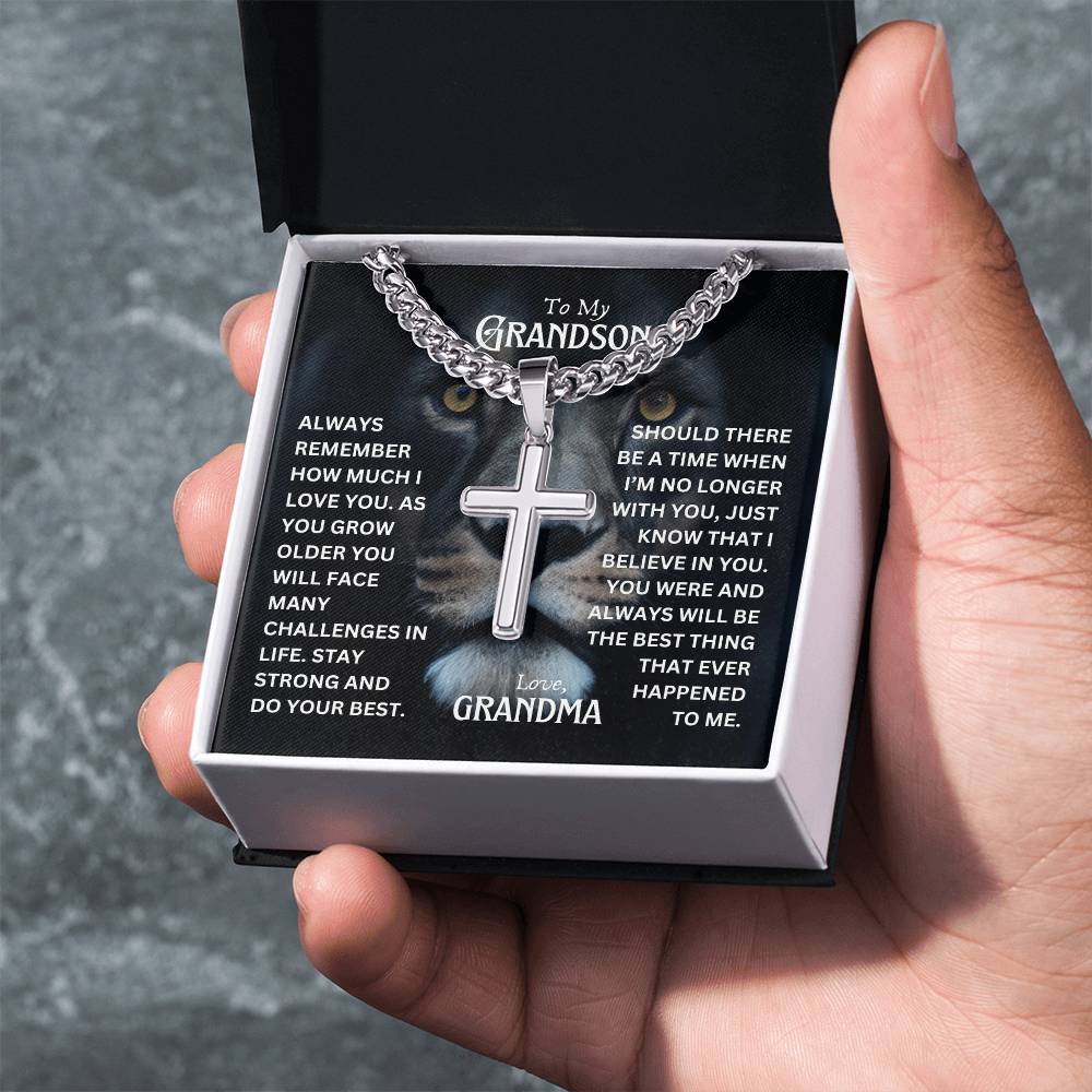 To My Grandson Personalized Cuban Chain Cross Necklace