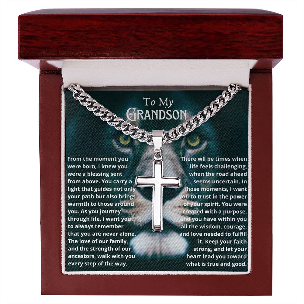 To My Grandson Cuban Chain Cross Necklace