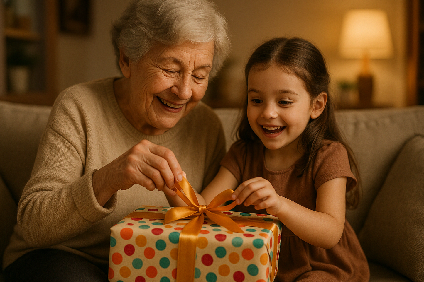 grandparent and granddaughter opening a gift