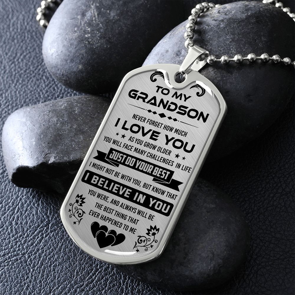 The Strength Of My Grandson Personalized Stainless Steel Dog Tag Necklace -  Graduation Gift Ideas