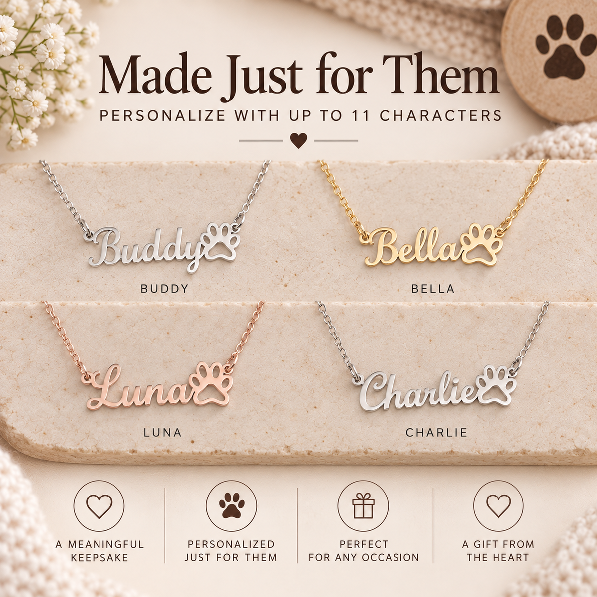 A Piece of My Heart – Personalized Paw Print Name Necklace