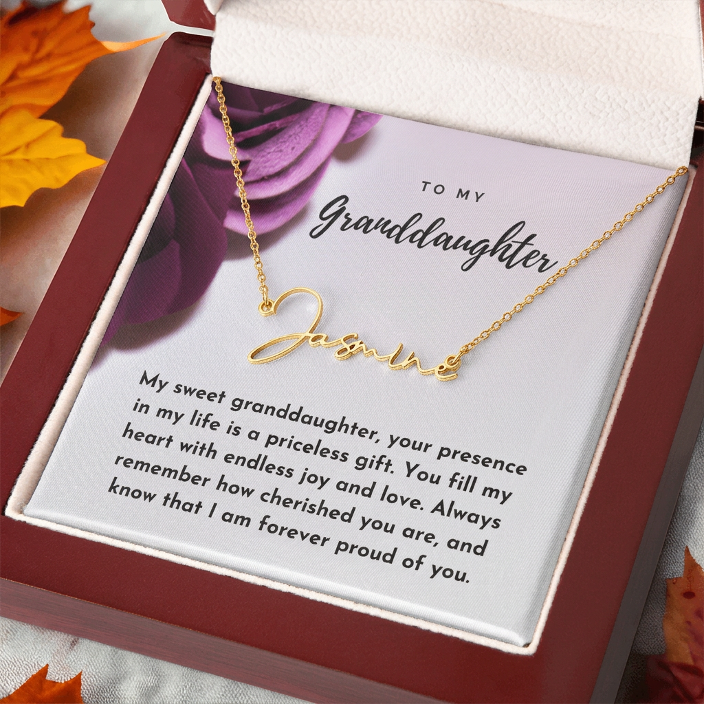 Gold Jasmine name necklace in granddaughter gift box