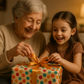 grandparent and granddaughter opening a gift